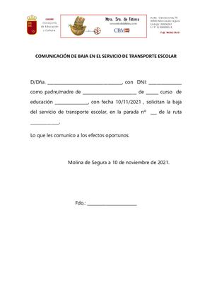 SOLICITUD BAJA DEL TRANSPORTE ESCOLAR .