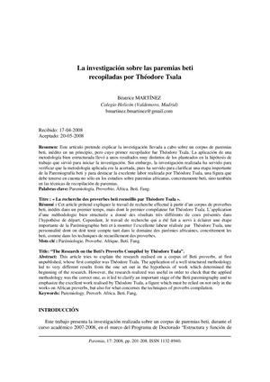 La Investigacion Sobre Las Paremias Beti Recopiladas Por Theodore Tsala, Par Beatrice Martinez, 2008