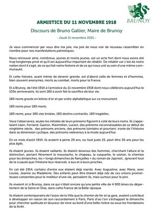 Commémoration du 11 novembre : Discours de Bruno Gallier