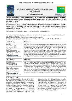 Etude ethnobotanique comparative et utilisation thérapeutique de plantes médicinales de djebel djedoug (Hammam Dhalaa) et du milieu oasien (oasis de Boussaâda).