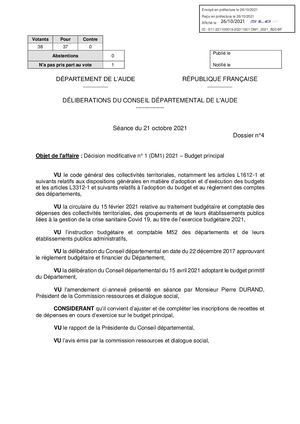 BUDGET 2021 - BUDGET PRINCIPAL - DECISION MODIFICATIVE 1 - DELIBERATION