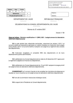 BUDGET 2021 - LABORATOIRE VETERINAIRE - BUDGET ANNEXE - DECISION MODIFICATIVE 1 - DELIBERATION