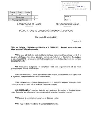 BUDGET 2021 - BUDGET ANNEXE - PARC DEPARTEMENTAL - DECISION MODIFICATIVE 1 - DELIBERATION
