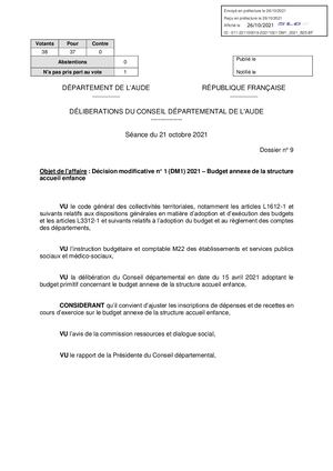 BUDGET 2021 - BUDGET ANNEXE - SERVICE D'AIDE A L'ENFANCE - DECISION MODIFICATIVE 1 - DELIBERATION