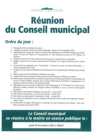 Ordre du jour - Conseil municipal du 18 novembre 2021