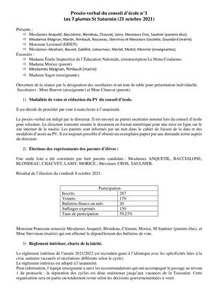 Pv Conseil D'école 1 (Octobre 2021) Les 7 Plumes