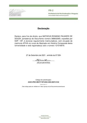 Certificado De Inscrição Ativa No Mestrado - Matheus Romano Palmieri De Souza