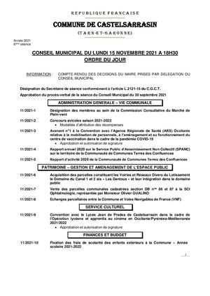 Délibérations Exécutoires du Conseil Municipal Du 15 Novembre 2021