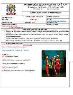 GUIA N° 1 CASTELLANO QUINTO CUARTO PERIODO - EL TEATRO SIN ACTIVIDADES MARLEDIS