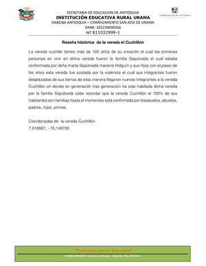 Reseña Histórica De La Vereda El Cuchillón