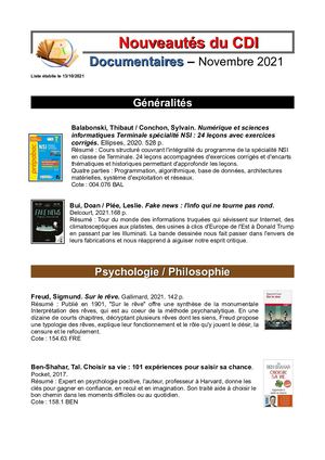 Nouveautés Documentaires Novembre 2021