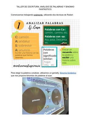 Taller De Escritura Análisis De Palabras Y Binomio Fantástico