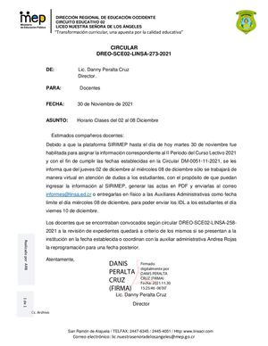 Circular 273- Cambio De Horario Clases E Ingreso A SIRIMEP Docentes .