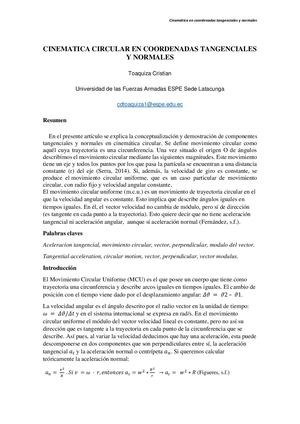 Cinematica Circular En Coordenadas Tangenciales Y Normales