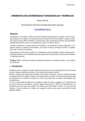 Ensayo Cinematica En Coordenadas Tangenciales Y Normales Ramos Richard