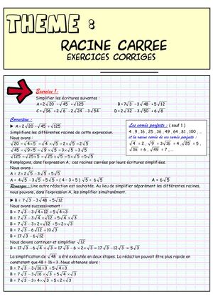 Racine Carree Exercices Corriges