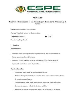 Diseño Y Construcción De Una Maqueta De La Primera Ley De Newton Wendy Llano