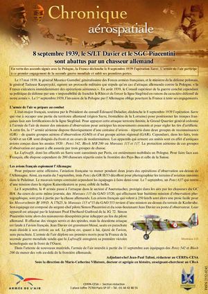 8 Septembre 1939 - Le SLT Davier Et Le SCH Piacentini Sont Abattus Par Un Chasseur Allemand .