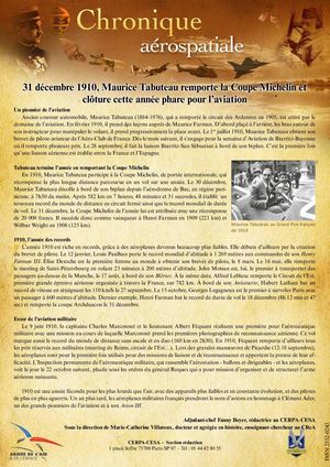 31 Décembre 1910, Maurice Tabuteau Remporte La Coupe Michelin Internationale Et Clôture Cette Année Phare Pour L’aviation (basse Déf).