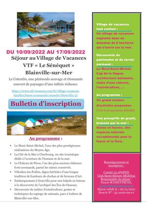 DU 10/09/2022 AU 17/09/2022 Séjour au Village de Vacances VTF « Le Sénéquet » Blainville-sur-Mer