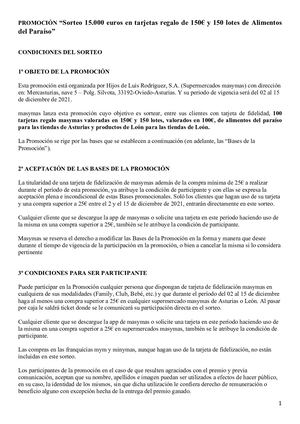 Bases Legales Sorteo 15 000 Euros En Tarjetas Regalo De 150€ Y 150 Lotes De Alimentos Del Paraíso