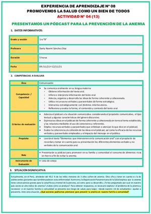 Actividad Nº 04 (13) Presentamos Un Pódcast Para La Prevención De La Anemia