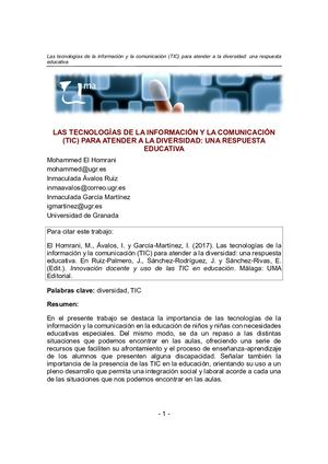 1 Las Tecnologías De La Información Y La Comunicación (Tic) Para Atender A La Diversidad Una Respuesta Educativa