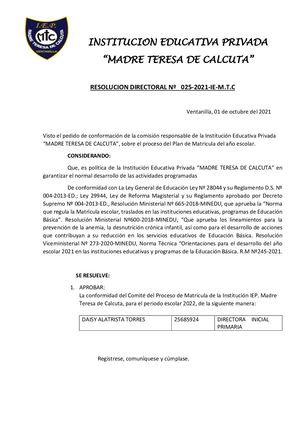 Plan De Matricula 2022 - IEP MADRE TERESA DE CALCUTA