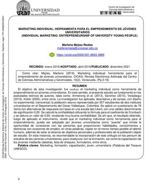 Articulo 1 Marketing Individual Herramienta Para El Emprendimiento De Jóvenes Universitarios Marlene Mejías Reales