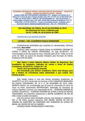 Cerimonial Dia Nacional Da Trova 2019