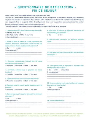 Questionnaire Satisfaction Fin De Séjour