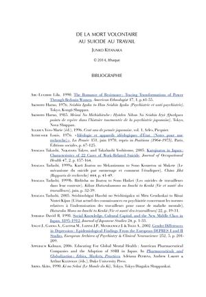 De la mort volontaire au suicide au travail Junko Kitanaka - Bibliographie