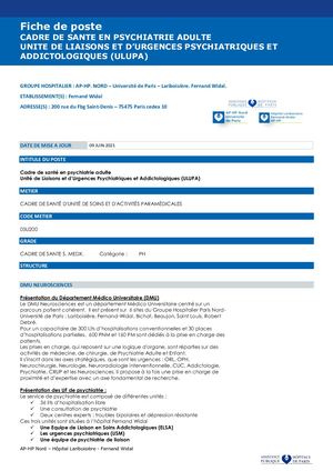 Fiche De Poste Cadre Unité De Liaisons Et D Urgences Psychiatriques Et Addictologiques (Ulupa) Lariboisiere