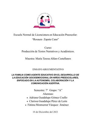 Ensayo Argumentativo La Familia En El Desarrollo De La Educación Socioemocional En Niños Preescolares