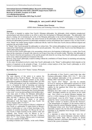 Philosophy In Zara Yacob'S Hatata, Par Teshome Abera, 2019