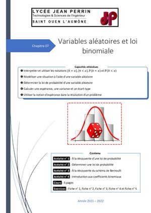 Chapitre 7 : Variables aléatoires, loi binomiale