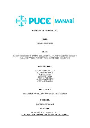 Saber Científico Y Ramas De La Ciencia (Clasificaciones Bunge Y Gallego) Y Fisioterapia Y Conocimiento Científico (1)
