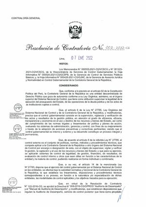 Resolución De Contraloría Nº 002 2022 Cg Auditoría De Desempeño