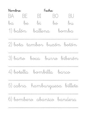 Ba Be Bi Bo Bu Castellano Letra Punteada Y Pictos