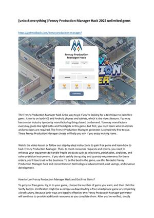 [Unlock Everything] Frenzy Production Manager Hack 2022 Unlimited Gems