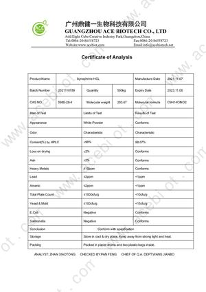 Coa Of Synephrine Hcl