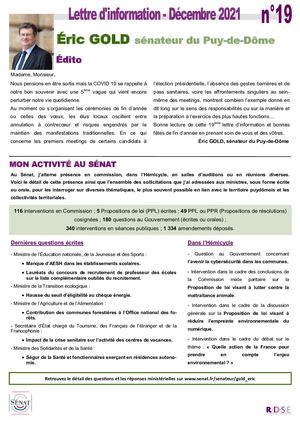 Lettre d'information n°19 du sénateur Éric Gold