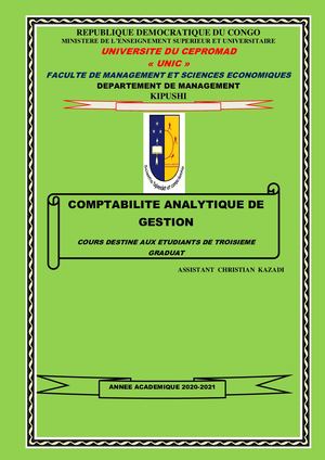 COMPTABILITE ANALYTIQUE D'EXPLOITATION