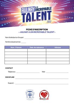 Fiche d'inscription Aulnay à un Incroyable Talent