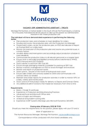 Montego: Vacancy Administrative Assistant - Treats