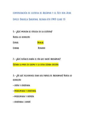 Emely Sandoval Comprobación De Lectura De Abeámar Y El Rey Don Juan