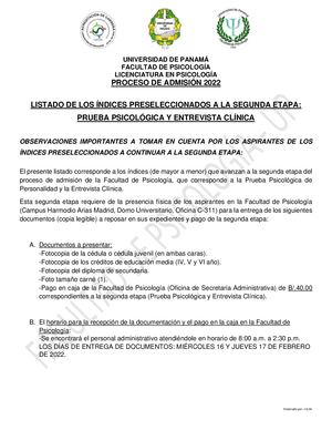 Listado De Preseleccionados Admisión 2022