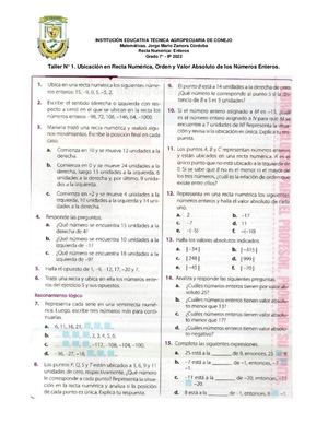 Taller N° 1. Ubicación en Recta Numérica, Orden y Valor Absoluto de los Números Enteros