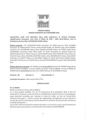 Procès verbal du conseil municipal - Séance du 09 décembre 2021