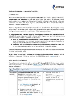 Ministry of Manpower Factsheet On Working In Singapore As A Dependants Pass Holder